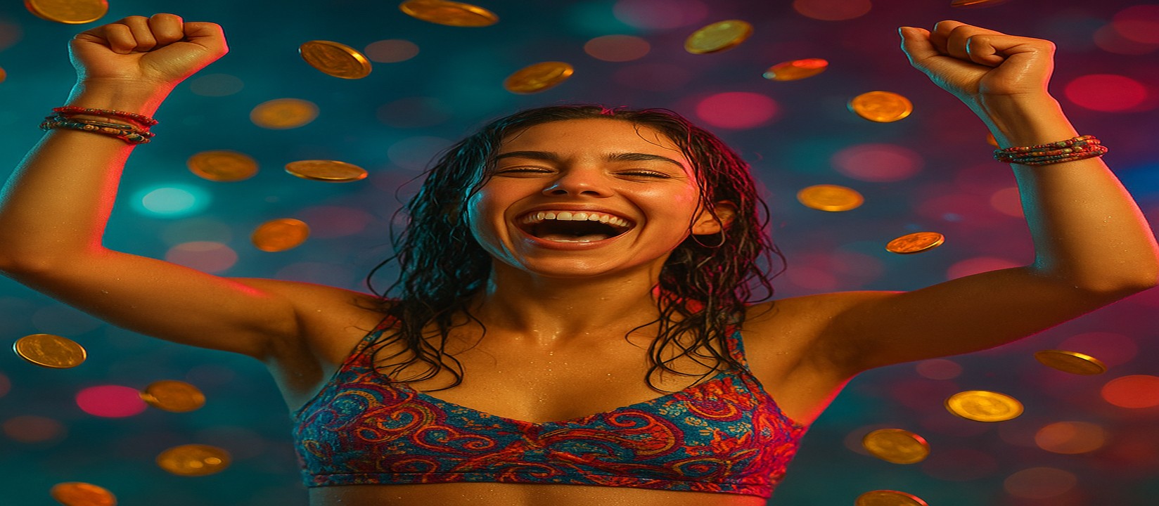 মুদ্রার ঝরনার মাঝখানে রঙিন পোশাকে এক নারী